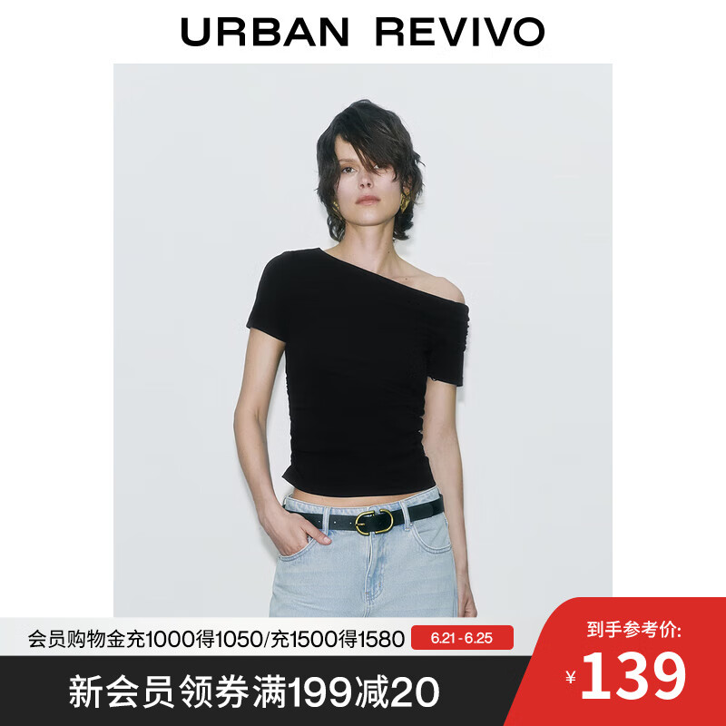 UR2025夏季新款女装魅力气质斜肩领褶皱收腰短袖T恤UWG450104 正黑 M