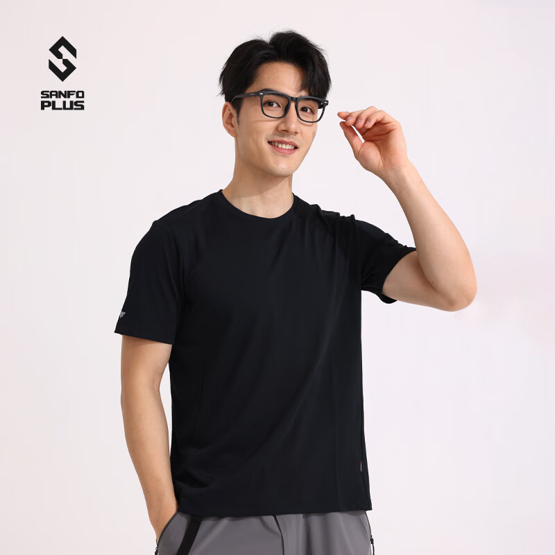 SANFO PLUS三夫户外轻锋速干T恤短袖圆领夏透气户外运动训练作战衫吸湿 黑色 S