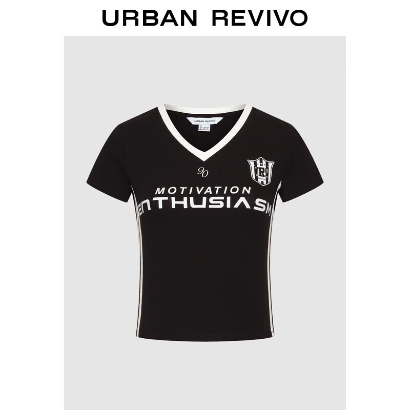 UR2025秋季新款女装休闲运动风撞色V领字母短袖T恤UYV450192