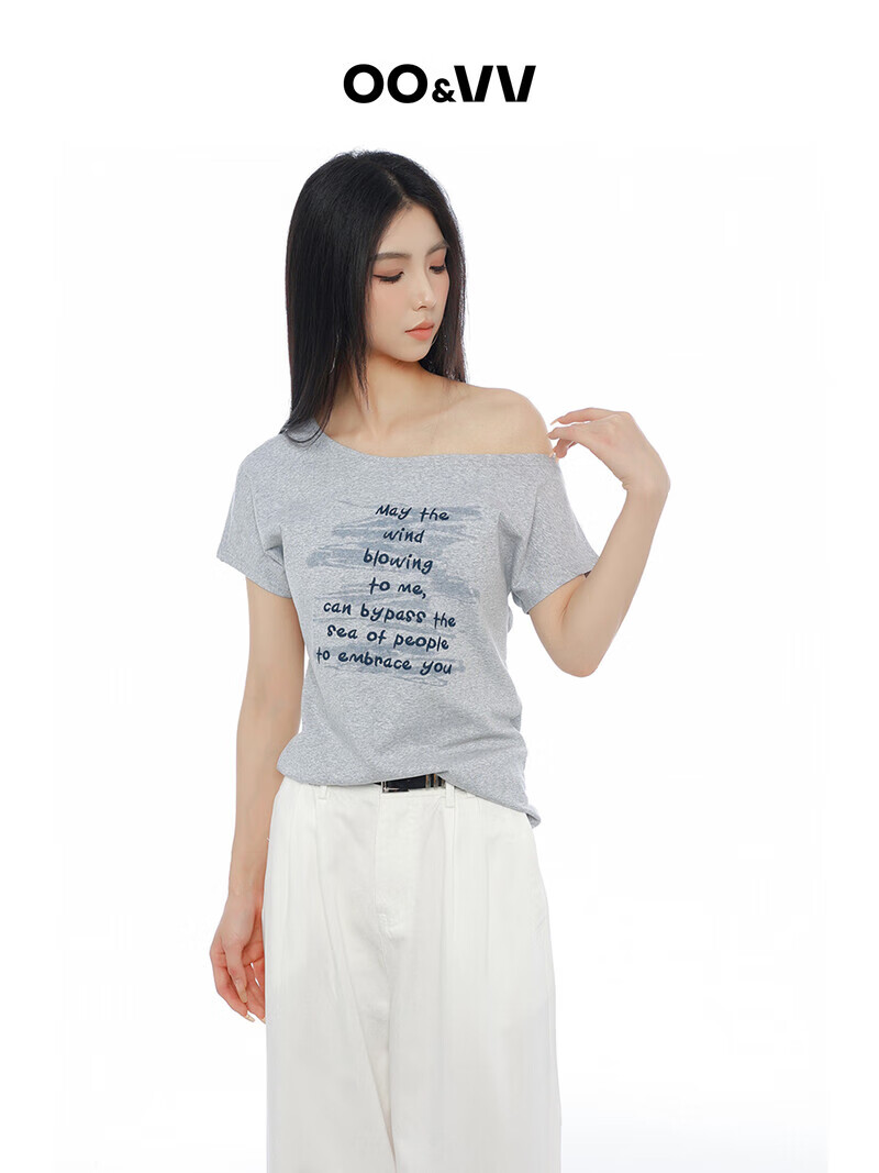 OO&VV灰色一字肩短袖T恤女2025夏新宽松休闲设计感纯色百搭上衣 莫奈灰 S