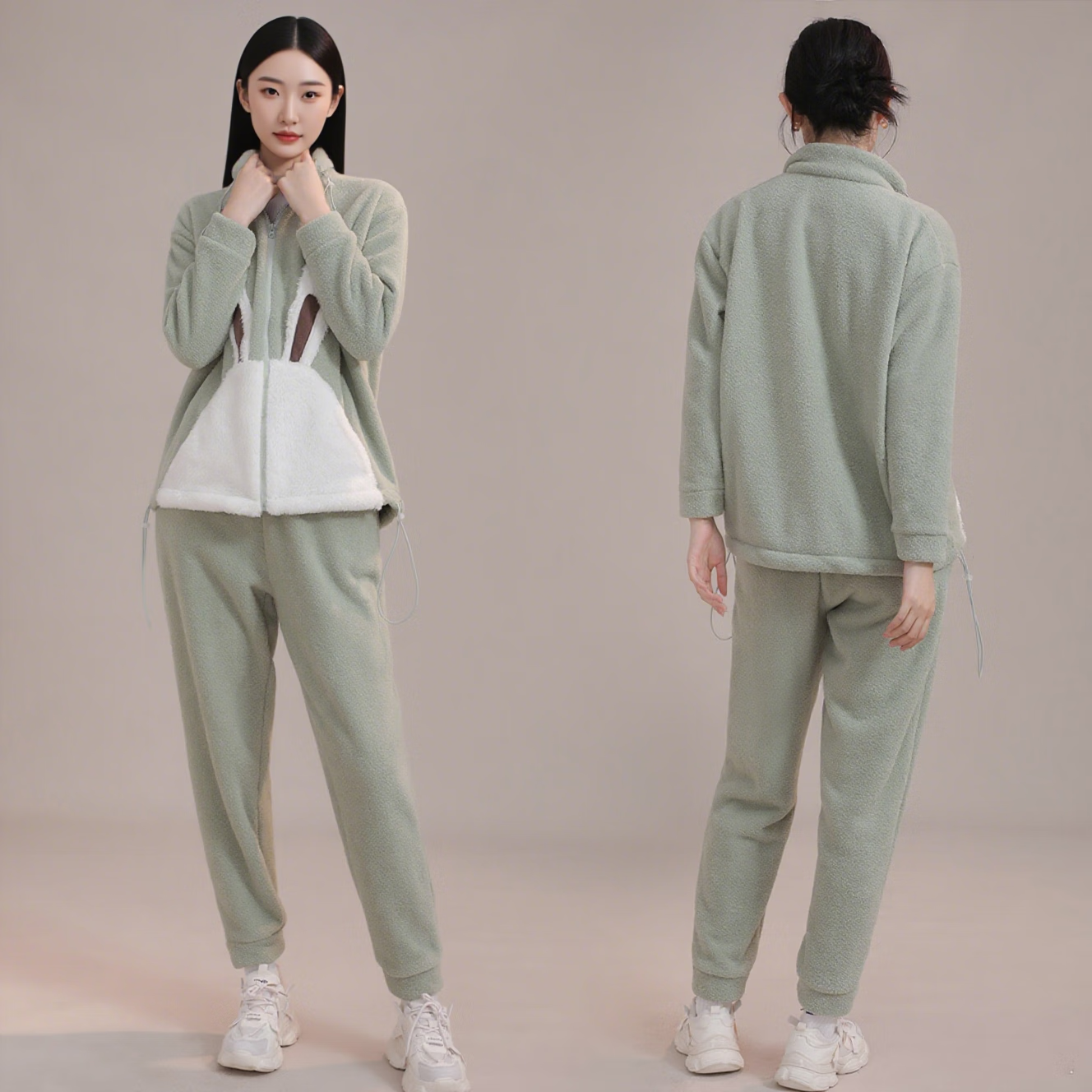 六月玫瑰【摇粒绒】秋冬加绒加厚可爱兔子休闲套装长袖女士家居服睡衣女 浅绿色 均码
