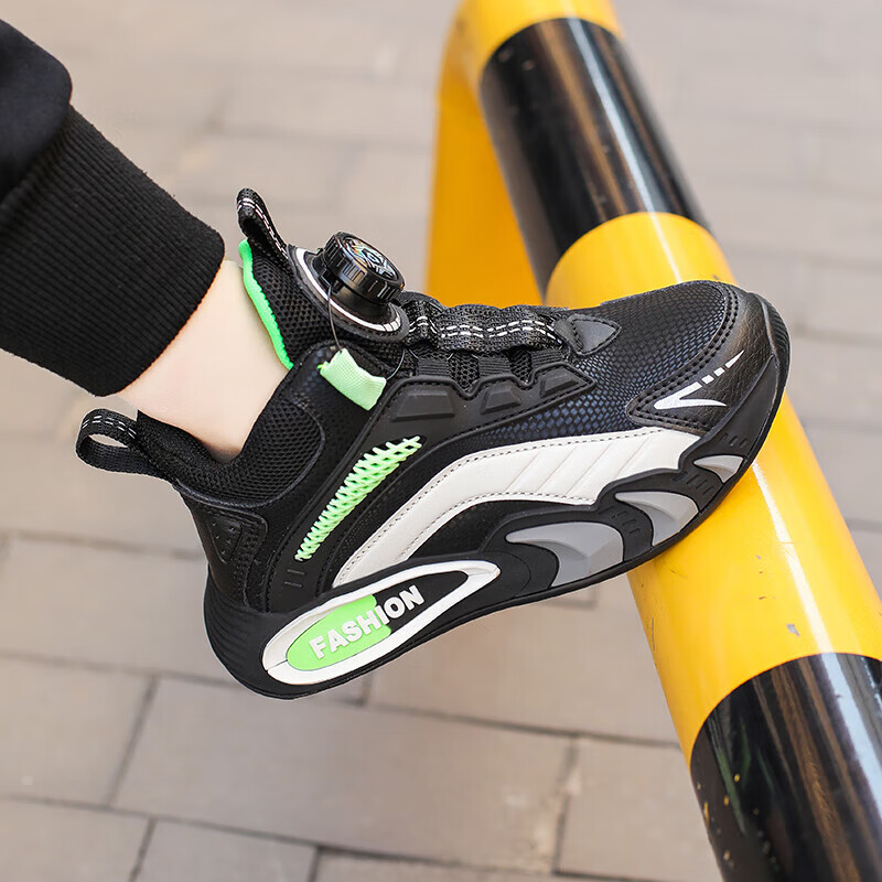 贝天熊男女童儿童运动鞋2025秋冬款男孩网面女鞋透气旋钮扣学生革面童鞋 K111荧光绿【秋冬革面】 35 内长22.0/脚21.0