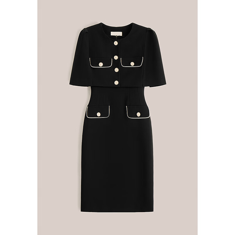 OBBLIGATO奥丽嘉朵2025夏季新款专选中古扣披肩式外套收腰连衣裙 黑色 M