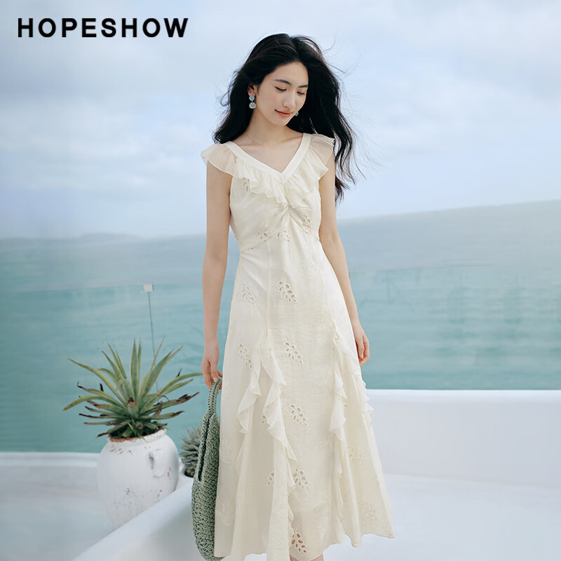 紅袖（hopeshow）甜美新款連衣裙波嬉風(fēng)繡花荷葉邊V領(lǐng)無(wú)袖裙 米白004 M