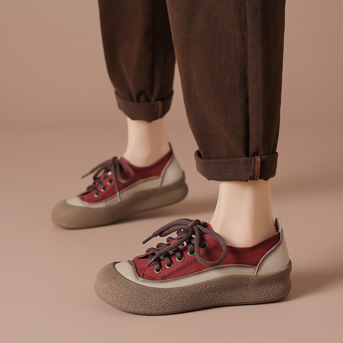 波尔谛奇（BOERDIQI）2025新款复古增高拼色舒适休闲运动板鞋百搭大头女鞋子 红色 39