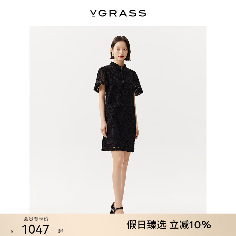 VGRASS女装连衣裙2025年夏季新款新中式旗袍黑色短款A字连身裙女 墨黑色 S