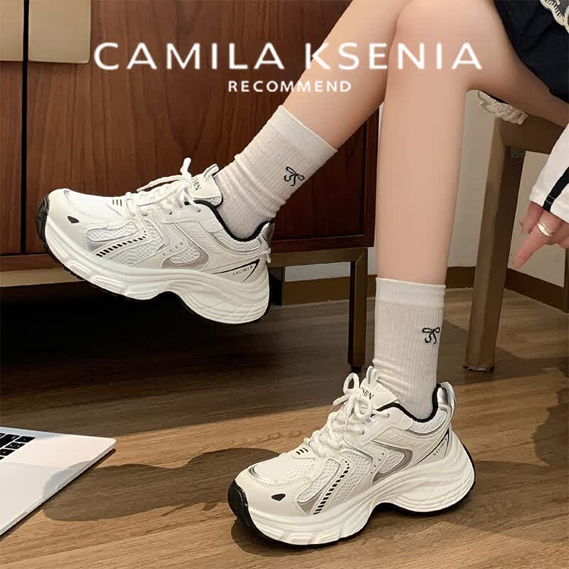 CAMILA KSENIA老爹鞋女士2026新款夏季时尚高档厚底网面透气小白休闲百搭运动鞋 米白色 38