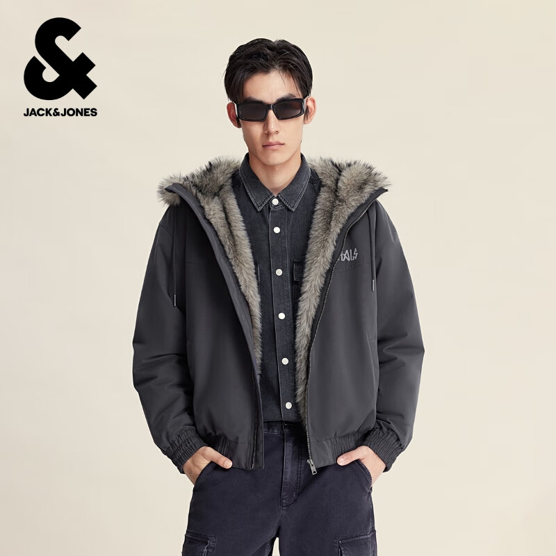 杰克·琼斯（JACK&amp;JONES）男装25年秋冬季连帽棉服男士仿貂皮毛绒棉衣宽松短款休闲夹克外套 E44黑砂色 卡码拍大 预售12月5日发货 XL （185）