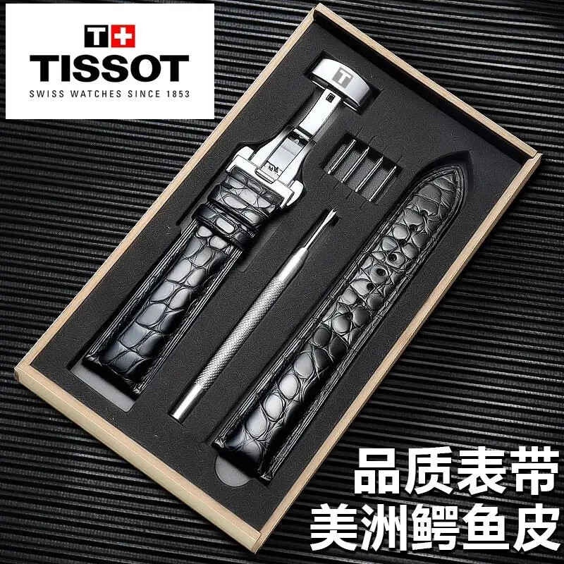 天梭表带鳄鱼皮1853力洛克T006手表带俊雅T063杜鲁T099真皮原装款 黑色黑线+钢色蝴蝶扣 19mm接口宽度