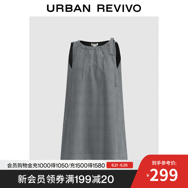 UR2025夏季新款女装复古撞色格纹蝴蝶结系带连衣裙UYU750114 黑色格子 S