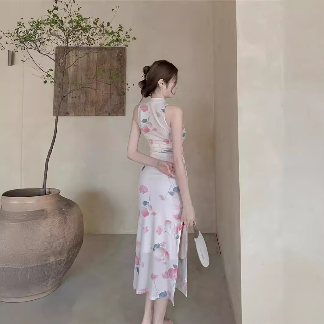 【优选】新中式御姐复古改良旗袍女早春夏季性感网纱高开叉露肩挂 图片色【双层网纱】 M