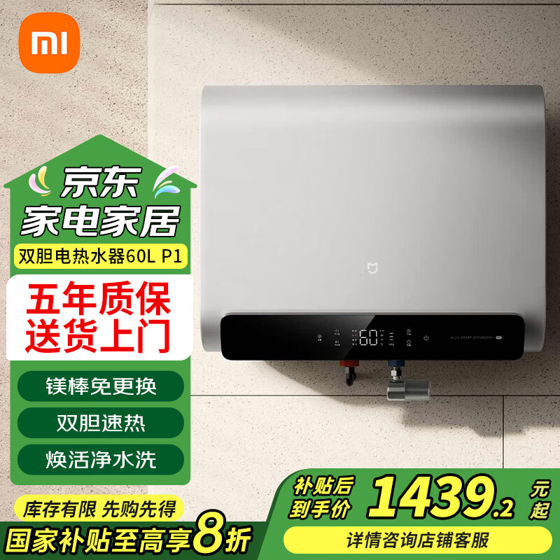 小米智能双胆电热水器60L P1 家用超薄扁桶电热水器 3300W双胆速热 国家补贴20% 镁棒终身免更换 60L 3300W P1