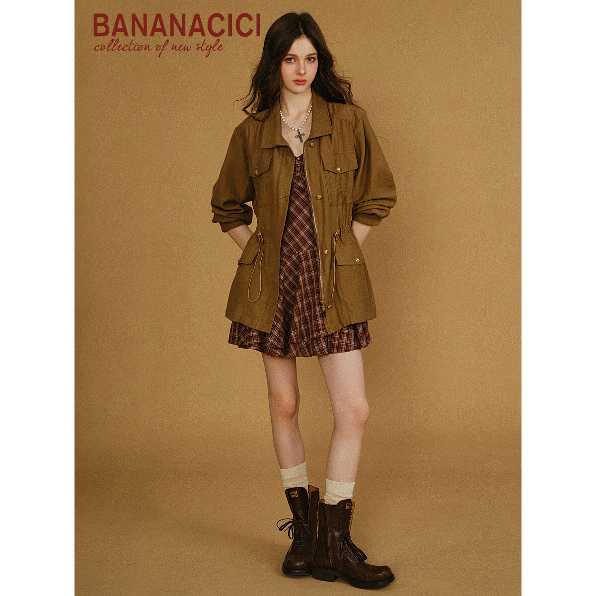 banana cici2025年秋季新款休闲工装风抽绳收腰风衣猎装夹克外套C2F3WT025 咖啡色 S