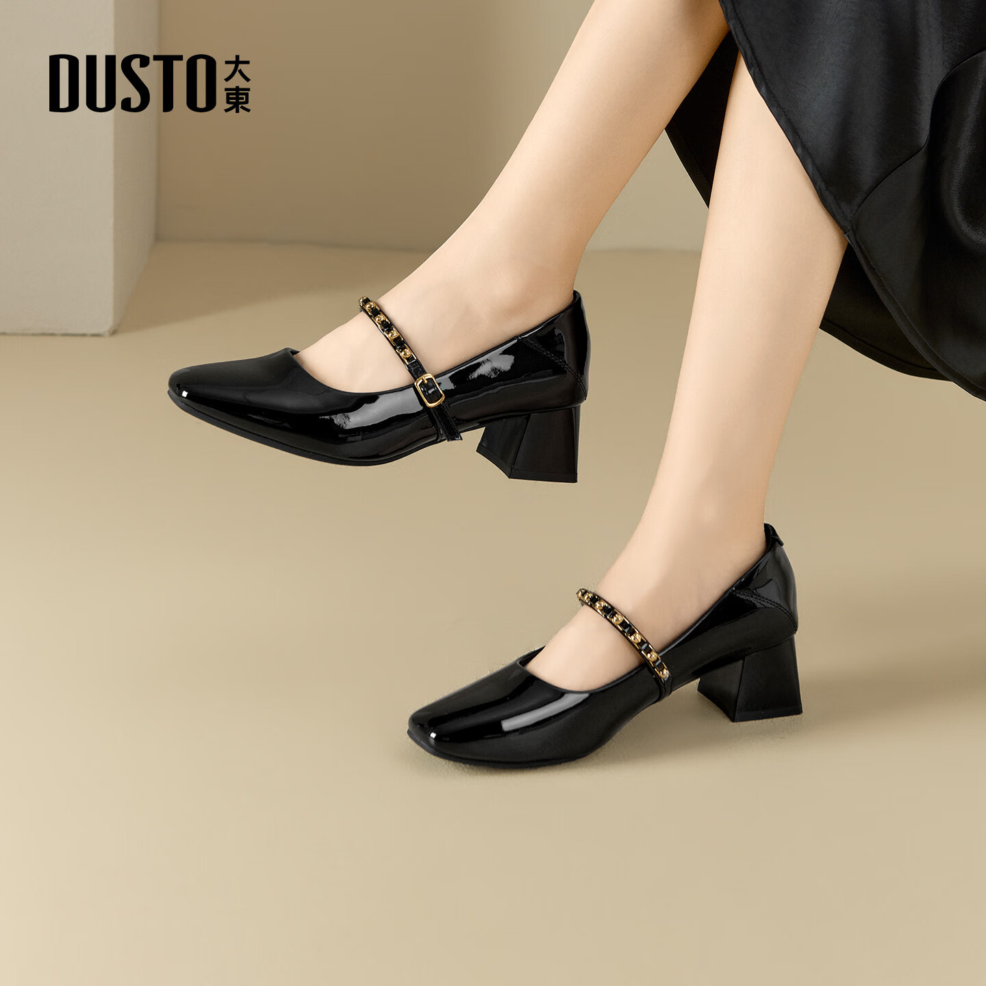 大东玛丽珍鞋女鞋2025年秋季新款优雅方头一字带套脚粗跟单鞋1012 黑色 37