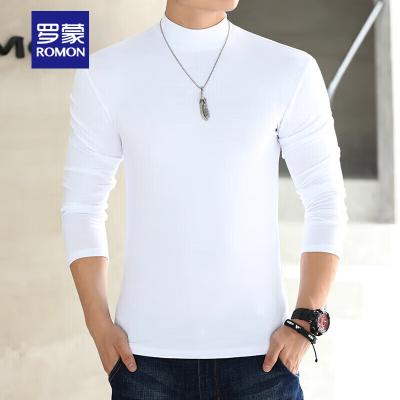 罗蒙(ROMON)男士纯棉长袖t恤半高领打底衫纯色修身简约休闲中领内搭上衣 湛蓝色 6XL 240斤左右