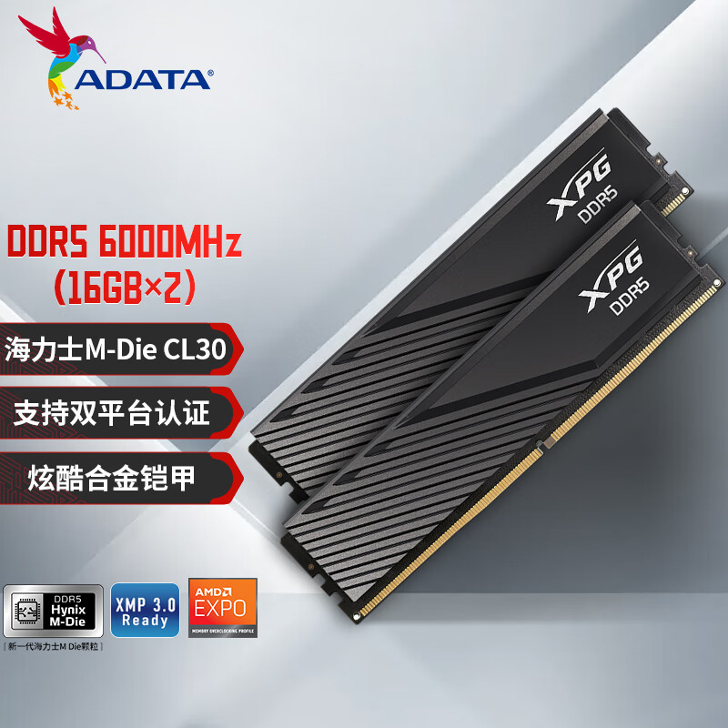 威刚32GB(16GBX2)套装 DDR5 6000 台式机内存条 海力士M-die颗粒 XPG威龙D300（黑色）C30