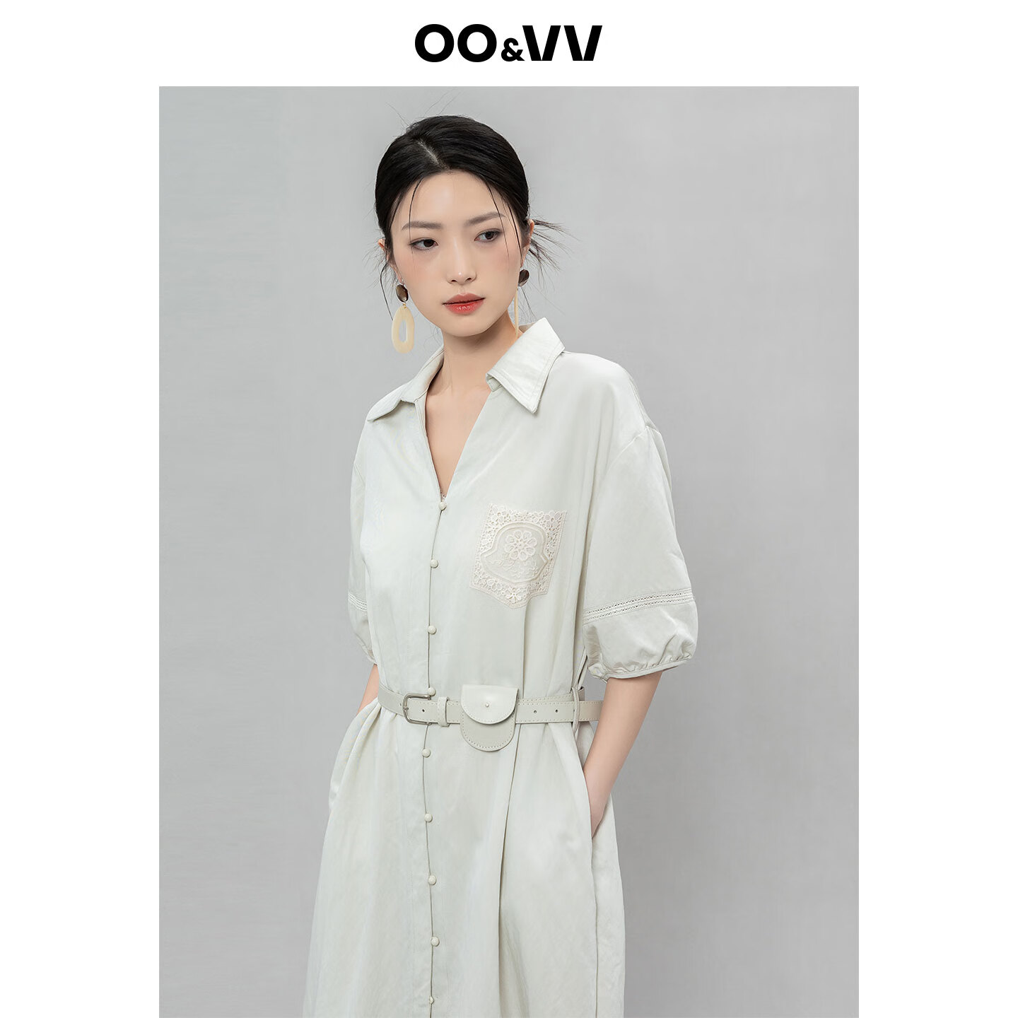 OO&VV法式蕾丝口袋休闲风衬衫领泡泡袖系带收腰长款连衣裙女夏新 莫奈灰 M