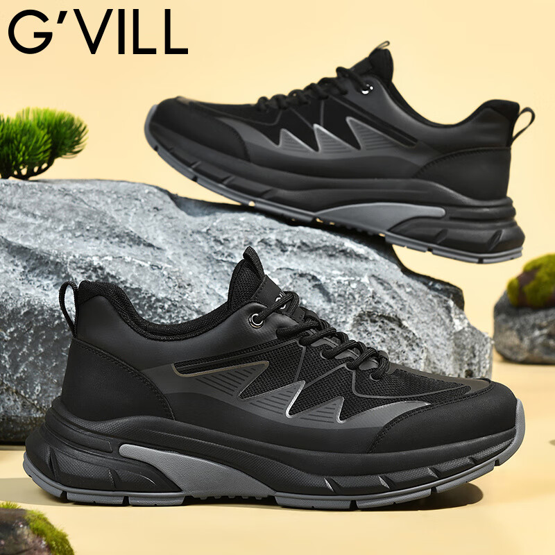 贵之步G'VILL鞋子复古时尚休闲鞋夏季新款男士运动鞋真皮百搭户外跑步鞋 黑色 （G901) 42 （皮鞋码）