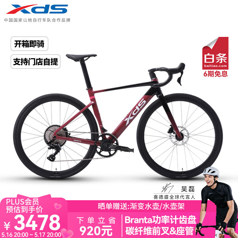 喜德盛【门店提车】公路自行车2025款AD350碳纤前叉功率计齿盘成人车 车厘紫 450mm建议身高（155-165cm）