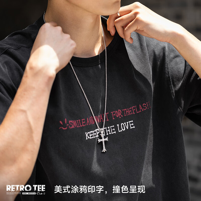 Mr.A美式复古纯色印花T恤宽松涂鸦短袖圆领休闲半袖男士夏季 MRA男装  水洗黑 2XL