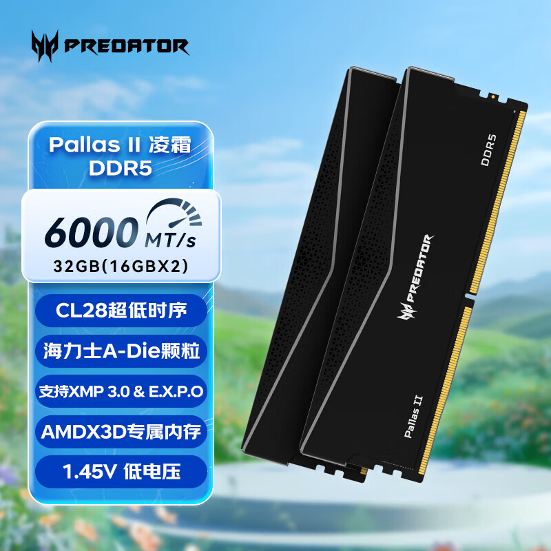 宏碁掠夺者（PREDATOR）凌霜6000c28	DDR5 台式机内存条 PALLAS II凌霜系列  32GB 2条套条 16*2 6000频率 C28 Adie凌霜黑 626