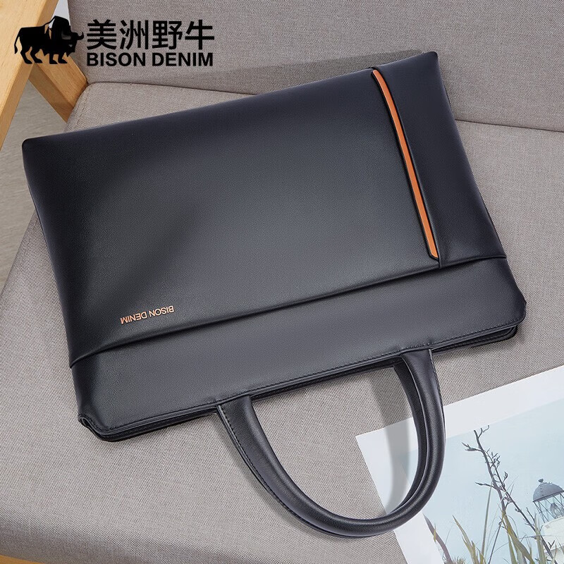 美洲野牛美國野牛真皮公文包男士商務(wù)休閑層牛皮男士電腦包水平便攜式皮包 頭層牛皮N20304-3B Q