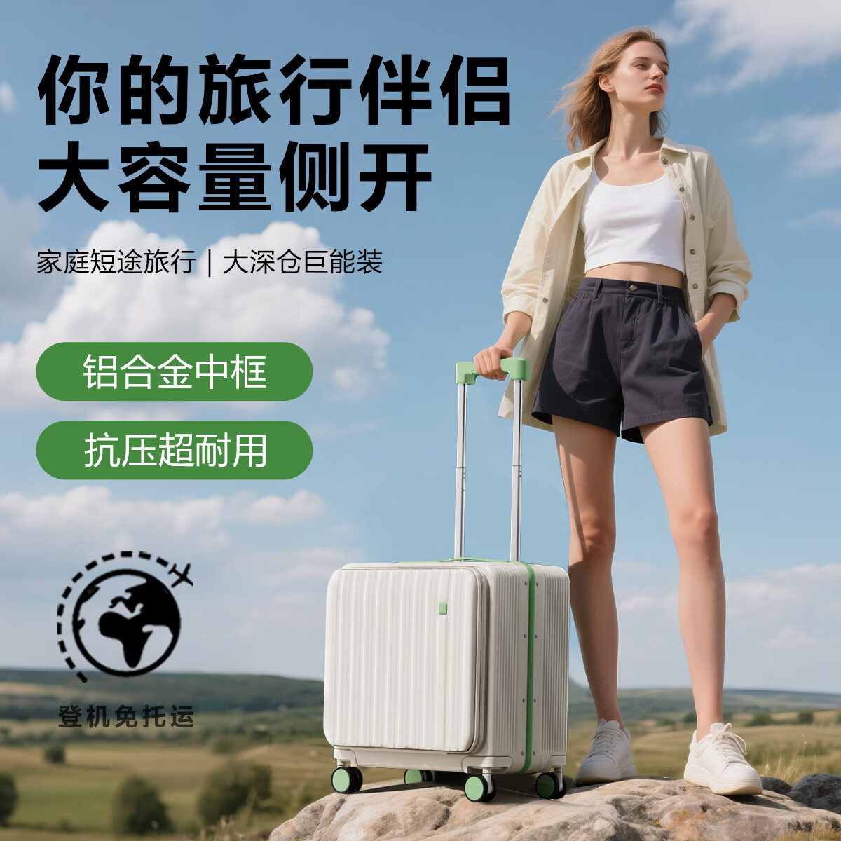 奕旅行李箱可上飞机铝框拉杆箱小型旅行密码箱侧开皮箱女高颜值登机箱 白绿【铝框加固款-承重200斤】 20英寸 （USB+手机支架+杯架）