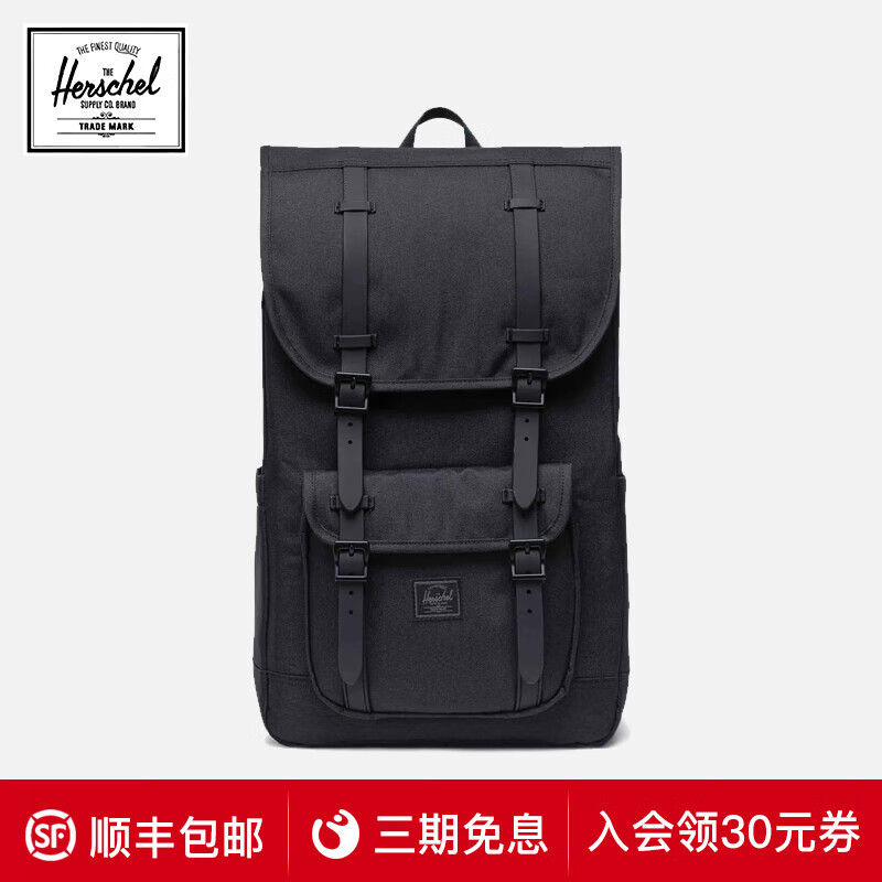 Herschel加拿大25新品黑標Little America雙肩包30L通勤旅行背包 純黑色