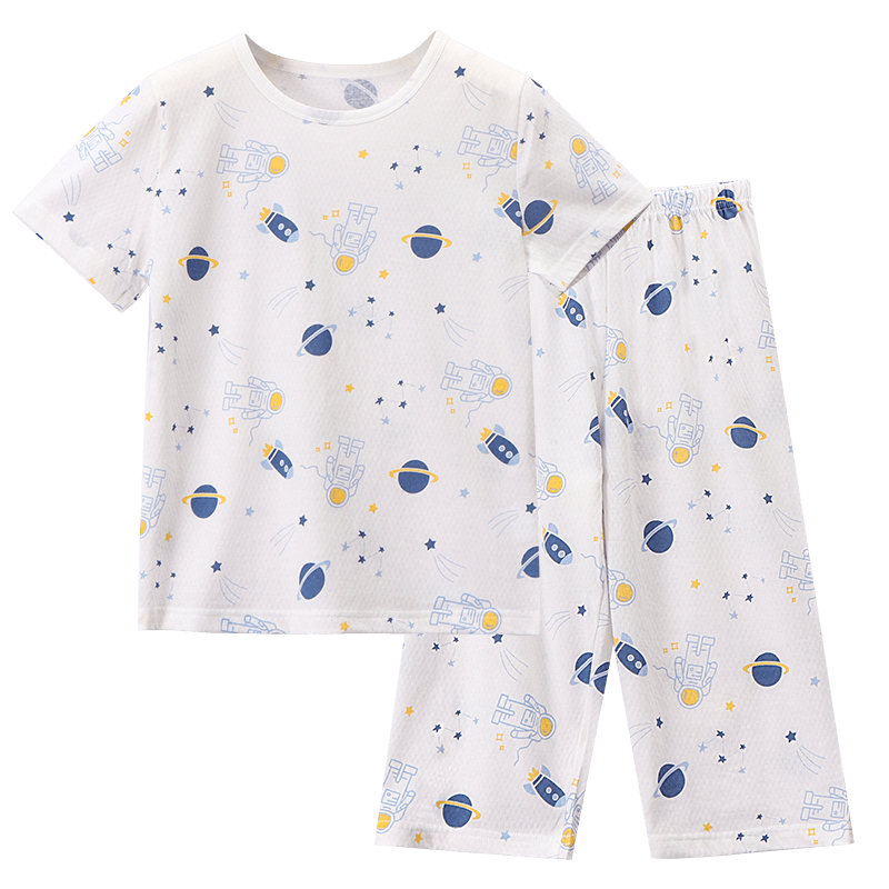 红豆儿童纯棉家居服套装男女童短袖网眼夏季睡衣全棉空调服A类百百棉 H3J3315宇航员 160