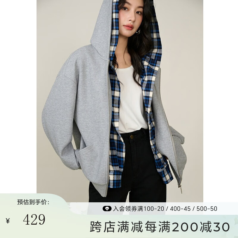 Basic House/百家好美式復(fù)古格子拼接衛(wèi)衣開(kāi)衫寬松假兩件連帽外套 灰色 L