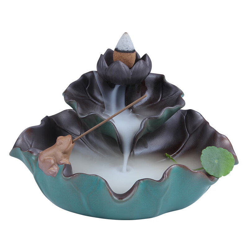福澤天下（Blessing All）【新品】倒流香爐家用室內創(chuàng  )意陶瓷擺件觀(guān)賞大號檀沉香熏香爐茶道 青蛙荷花（綠）靈韻彩陶倒流香爐