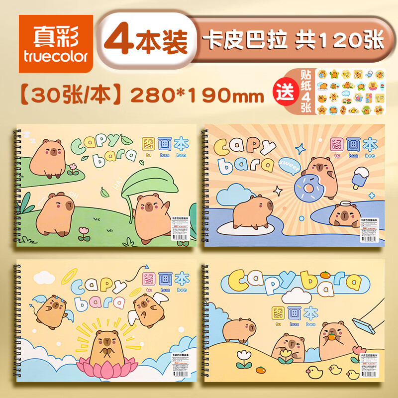 真彩（TRUECOLOR）加厚图画本绘画本儿童幼儿园小学生专用一年级美术本空白手绘涂色本不透色4本装ZCW-1090热门商品
