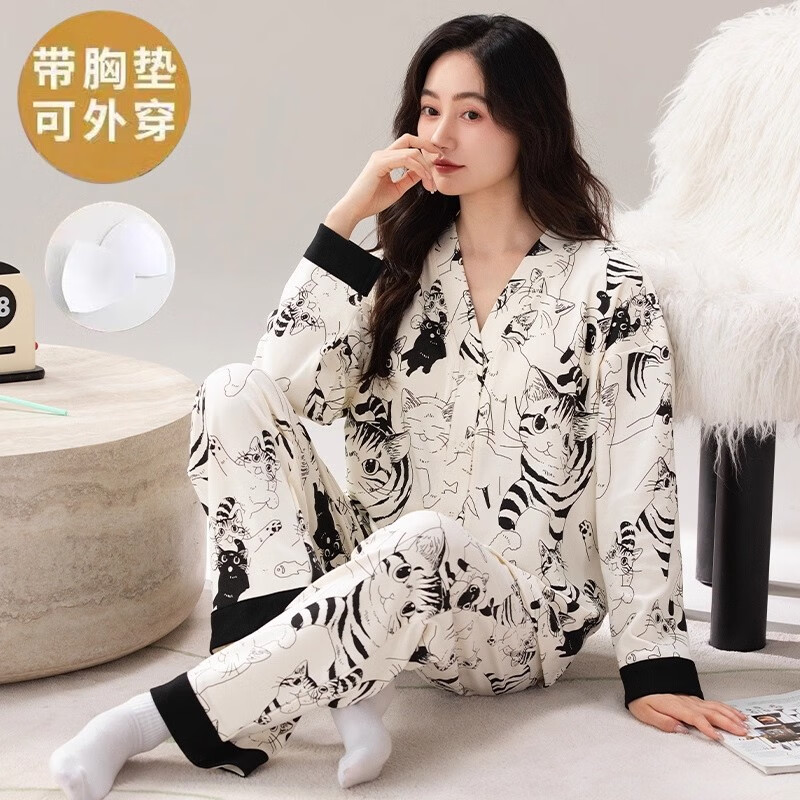 雅鹿睡衣女士带胸垫家居服套装长袖长裤春秋季薄款和服领开衫可外穿 H2284虎猫(带胸垫) L 【建议90-110斤】