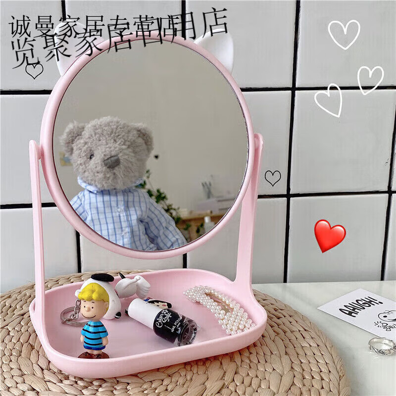 美克杰化妆镜台式韩风ins少女心桌面欧式宿舍公主镜美容梳妆镜子 猫耳朵化妆镜-粉色
