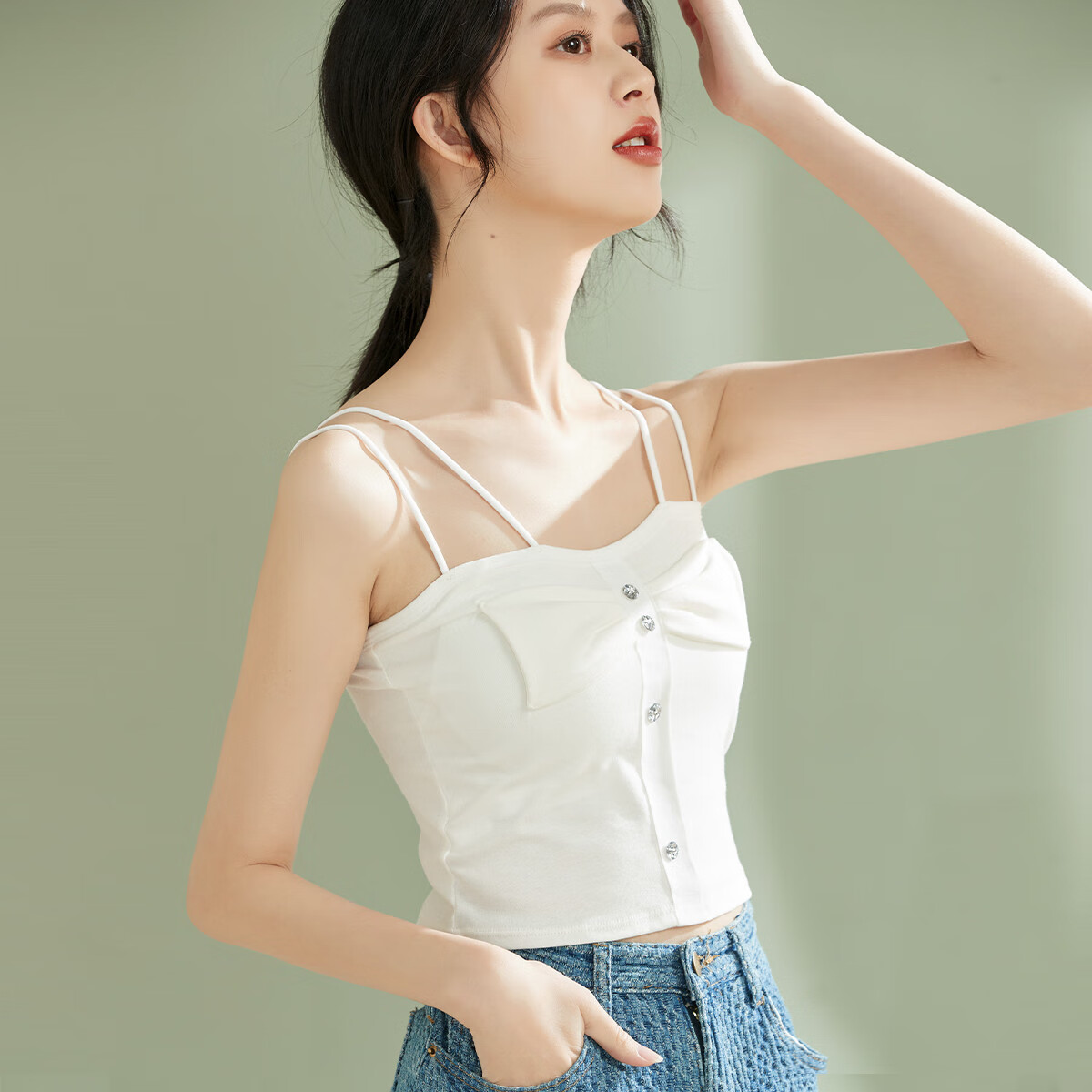 BYFORD百富夏季款纯色纽扣吊带背心女内搭外穿无袖带胸垫打底上衣BF0732 白色 均码