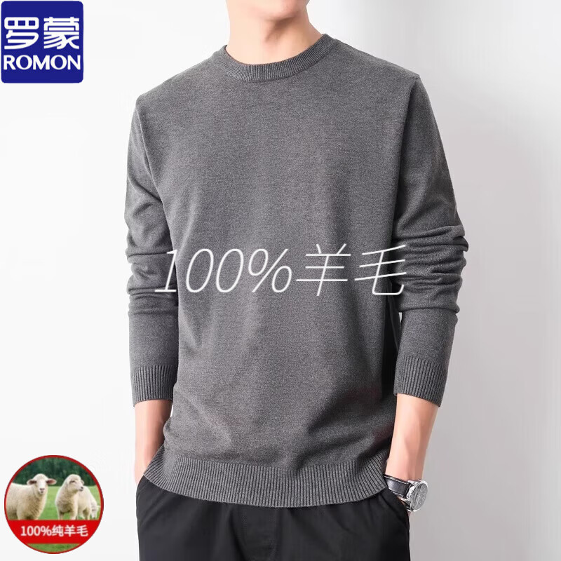 罗蒙100纯羊毛毛衣男士打底上衣2025年春秋季新款休闲针织衫男 【100纯羊毛】深灰色【圆领】 XL 126-140斤