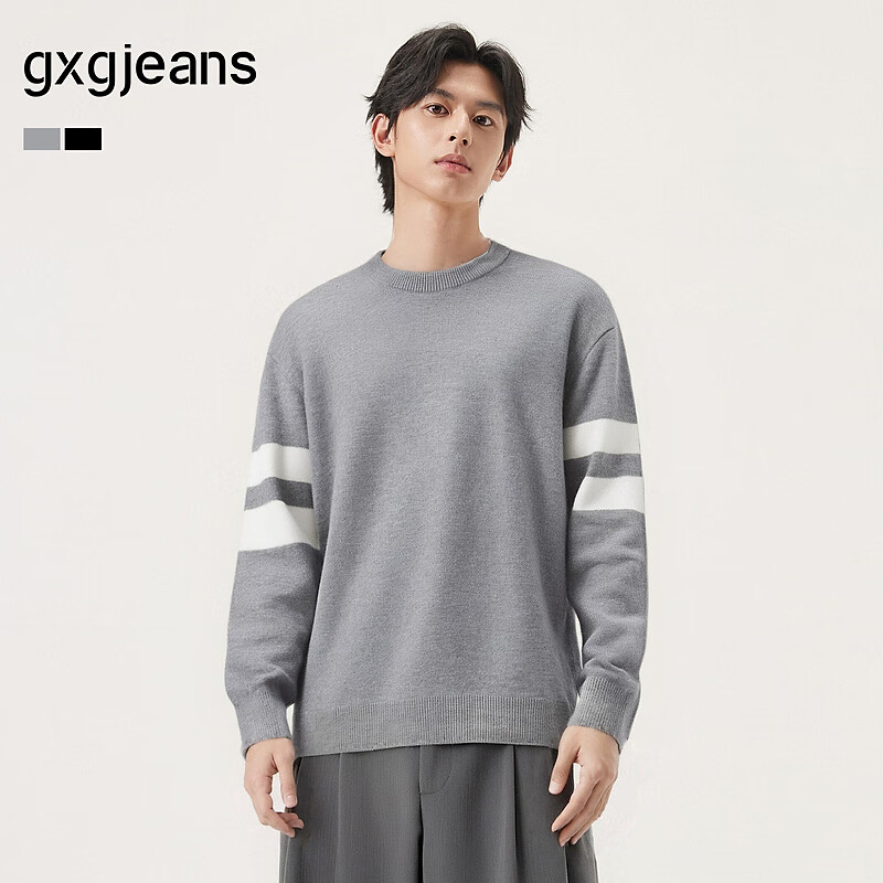 gxgjeans男装 双色撞色拼接时尚简约圆领毛衣线衫上衣 25冬新品 灰色 M (170)