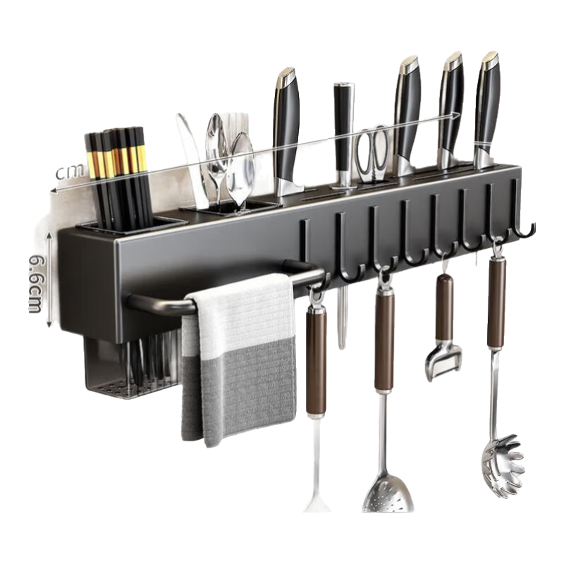 刀架壁挂式免打孔厨房用品多功能菜刀置物架刀具筷子筒一体收纳架 【优雅黑】50CM 双筷筒+8挂钩