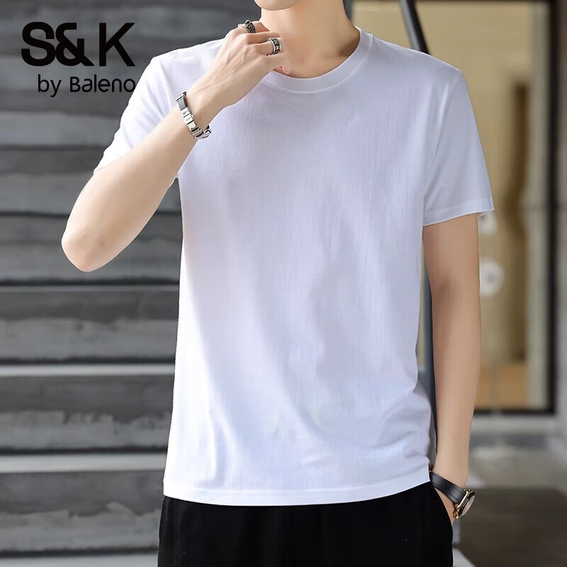 班尼路（Baleno）S&K纯棉短袖T恤男2025新款宽松休闲上衣服男士夏季大码百搭体恤 深灰+雾霾蓝 XL