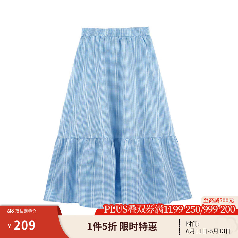 茵曼（INMAN）清新鹽系格紋半身裙2025夏季新款高腰顯瘦文藝中長(zhǎng)a字裙子 淺藍(lán)格 S