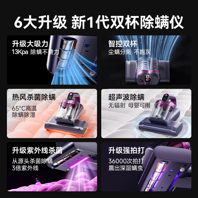 飒望德国除螨仪吸尘器三合一无线家用床上高温除螨杀菌紫外线吸尘器猫毛除螨虫神器大吸力紫外线机床用 【香槟金】超声波除螨+UV紫外线杀菌+双杯尘螨分离 【全网热销10W+】