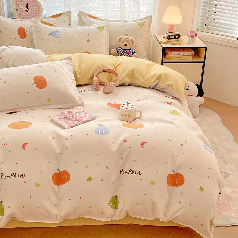 软贝小清新四件套 透气亲肤印花卡通简约田园风被套床单款套件 南瓜园 2.0m 床单款 四件套(被套200*230cm)