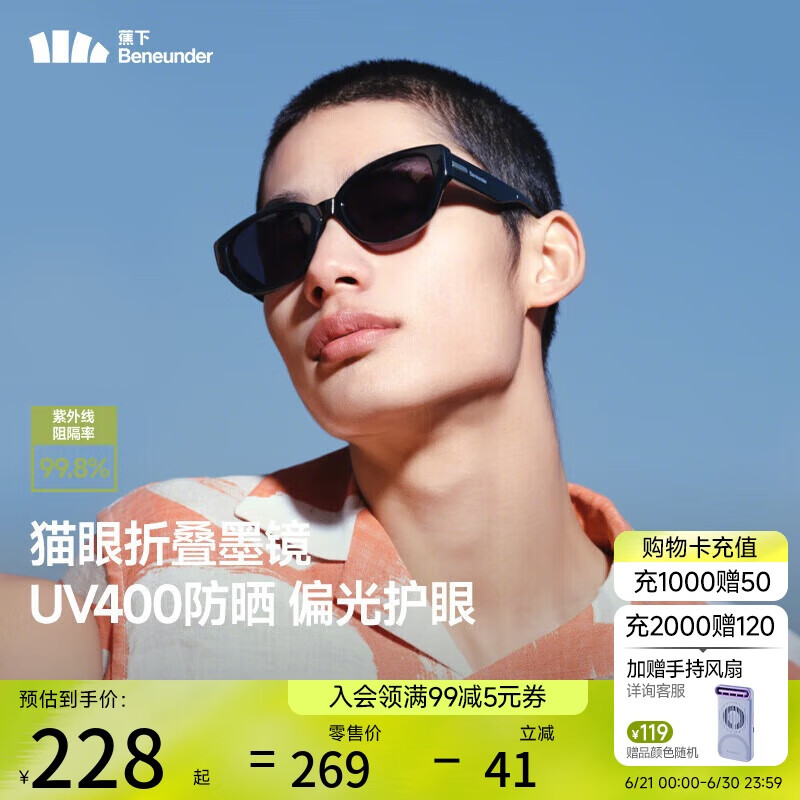 蕉下（beneunder）猫眼墨镜男女可折叠偏光太阳镜复古墨镜防紫外线时尚修饰脸型