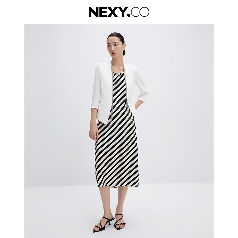 奈蔻6A桑蠶絲/NEXY.CO奈蔻商場同款航海系條紋吊帶連衣裙女 黑色 2XL