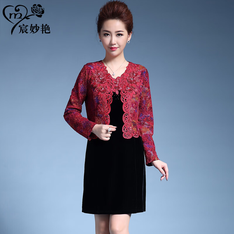 新款紅色金絲絨連衣裙優(yōu)雅氣質(zhì)媽媽裝大碼女裝 大紅 M