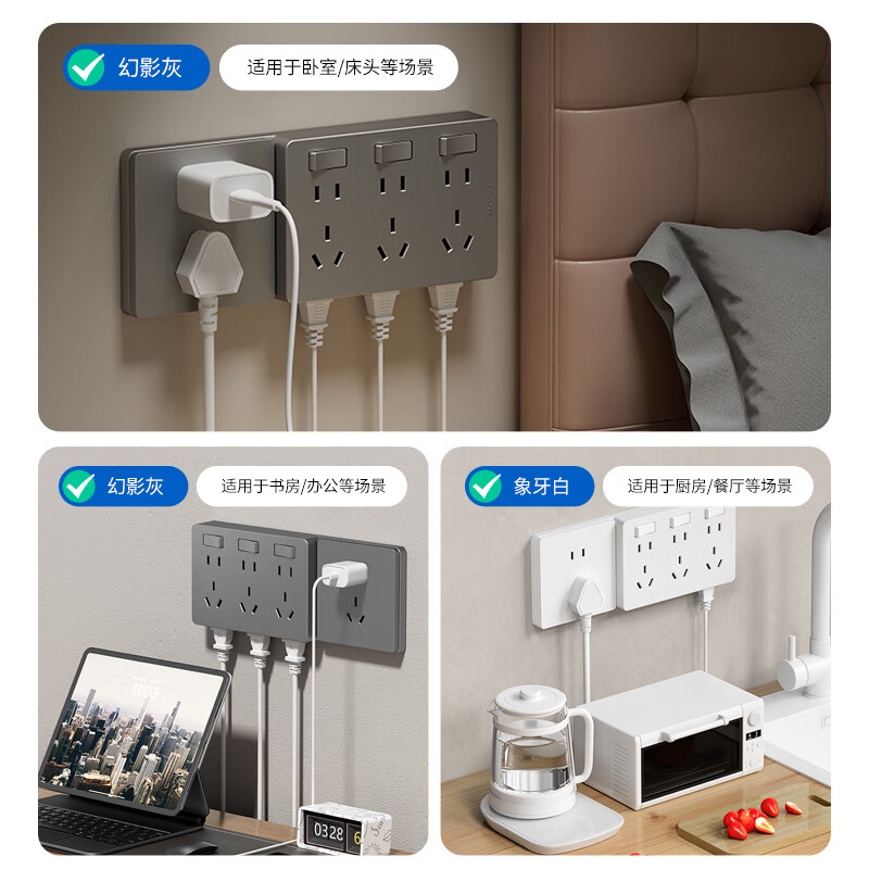 国际电工(FDD)扩展插座86型明装拓展开关插座厨房多功能插排原位替换无线转换器 白色三开21孔-向右扩展-基础款