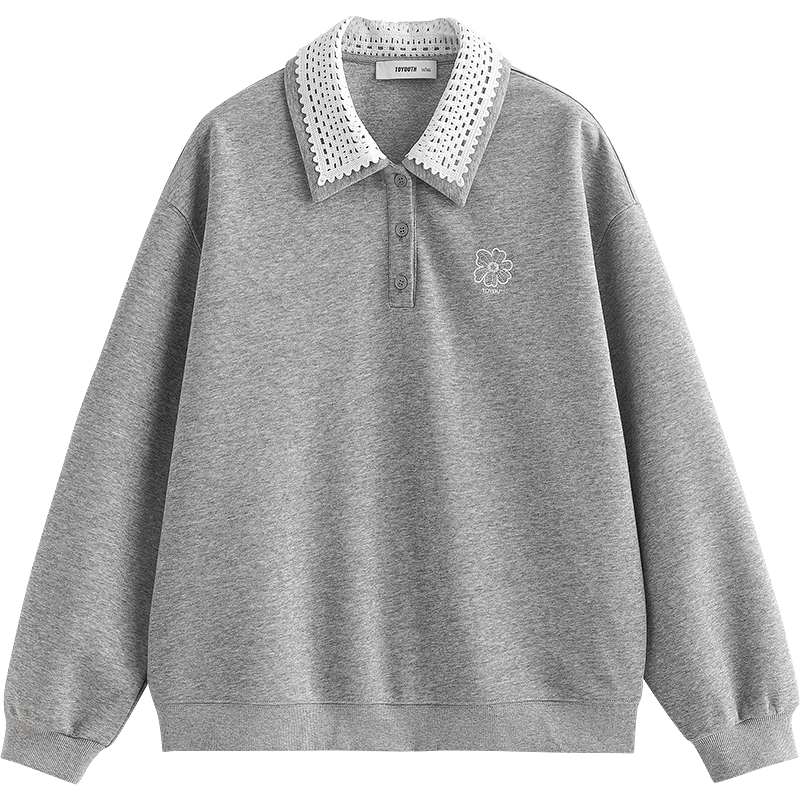 初語(yǔ)棉質(zhì)撞色拼接雙層領(lǐng)衛(wèi)衣 女2025秋季新款寬松綠絨蒿刺繡上衣情侶 花灰色 M