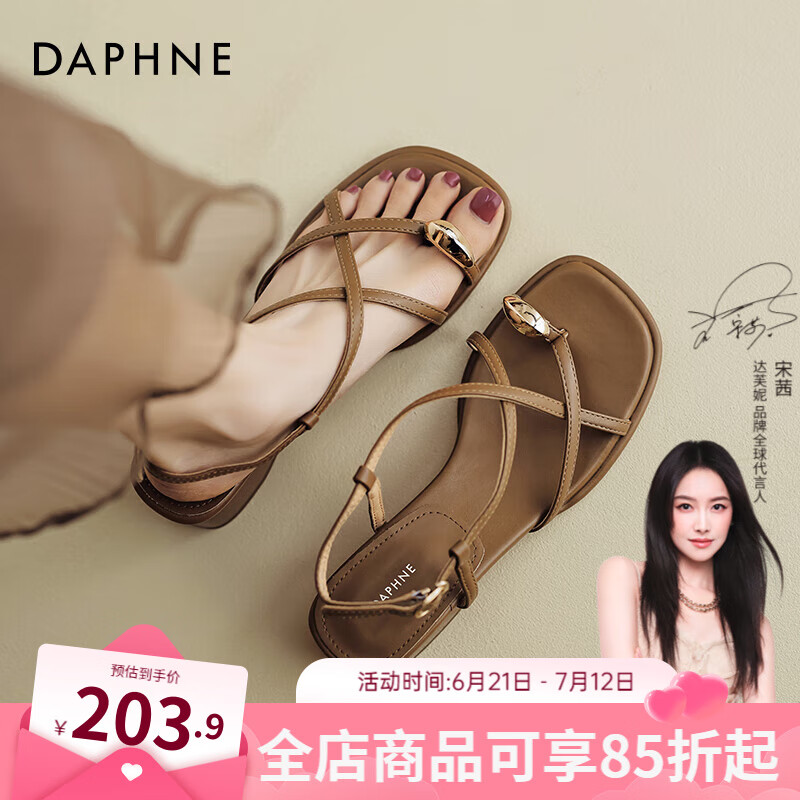 達芙妮夾趾粗跟涼鞋女2025年夏季新款一字帶仙女風(fēng)綁帶交叉配裙子羅馬鞋 棕色【夾趾粗跟】 37