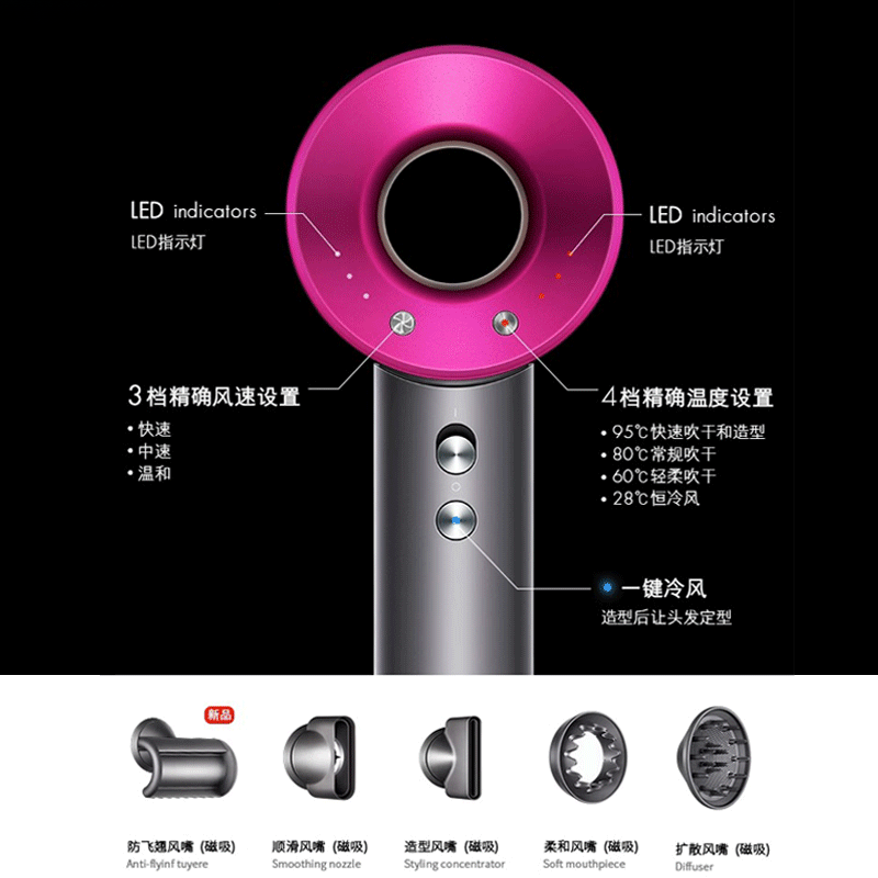 飒望德国无叶高速吹风机家用静音负离子大功率不伤发宿舍可用恒温速干大风力护发负离子七夕礼物送女友 单风嘴[玫红色]亿级负离子5秒恒温速干