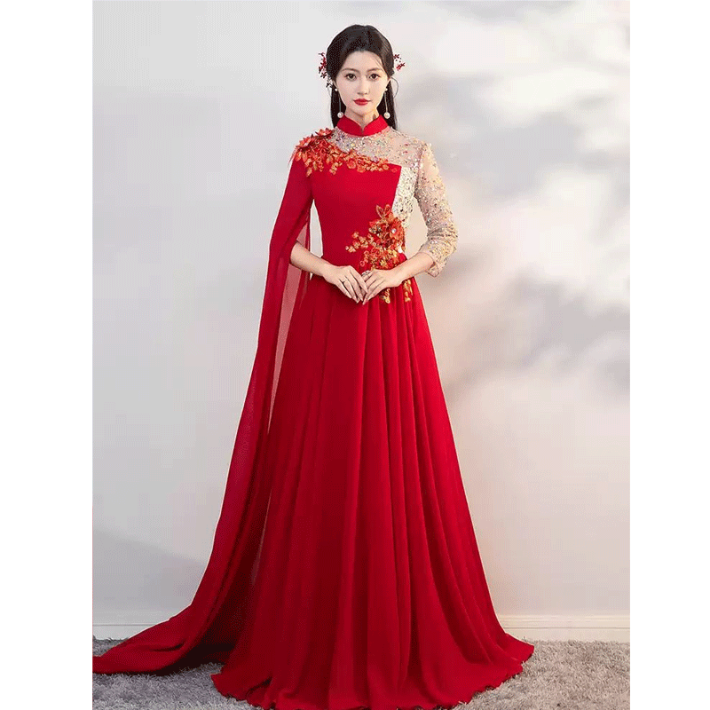 麥斯貝思大合唱團(tuán)演出服紅色成人女彈古箏民樂(lè)演奏禮服主持人表演比賽獨(dú)唱 紅色 L